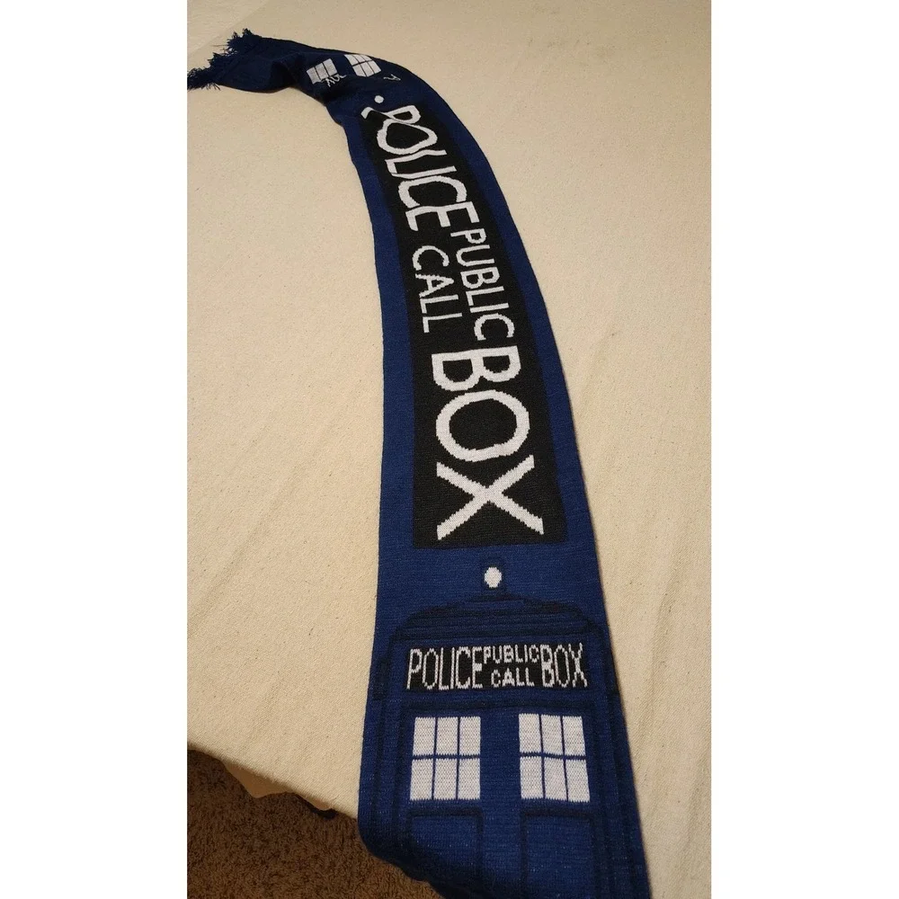 Doctor Who BBC TARDIS Police Public Call Box Blue Knit Scarf Fringe Cosplay Fan